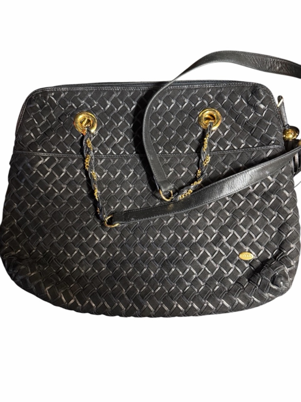 PRISTINE Vintage BALLY Black Woven Leather Shoulder Bag Gold Chain Strap